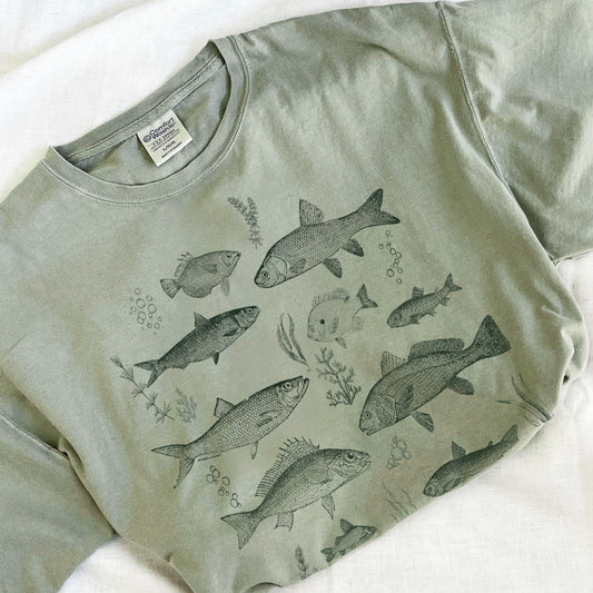 bay comfort colors t-shirt with custom vintage fish printed design in a dark green ink