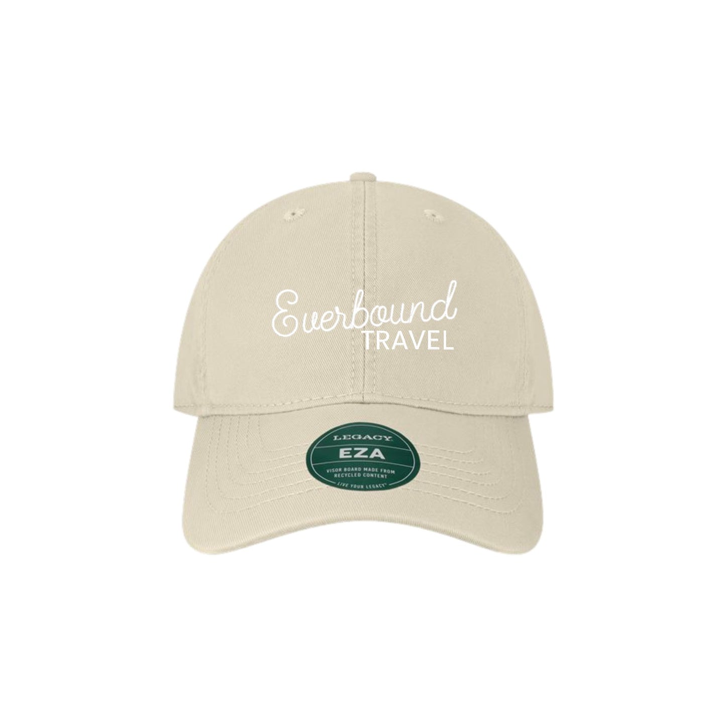 Beige cap with 'Everbound Travel' text and 'EZA' logo on a white background