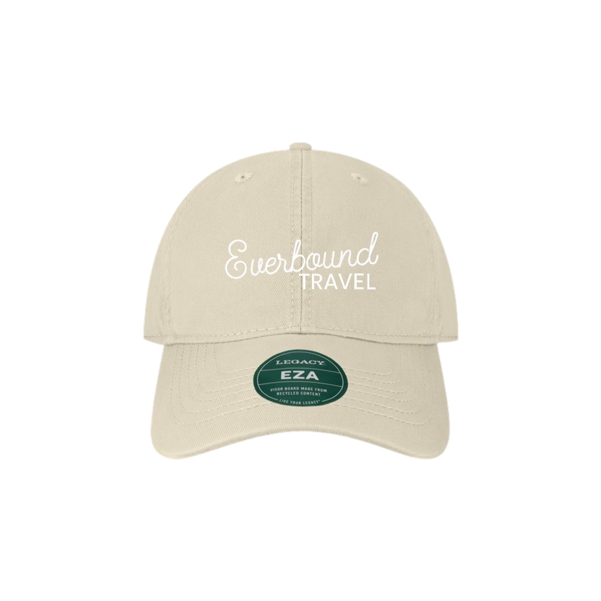 Beige cap with 'Everbound Travel' text and 'EZA' logo on a white background