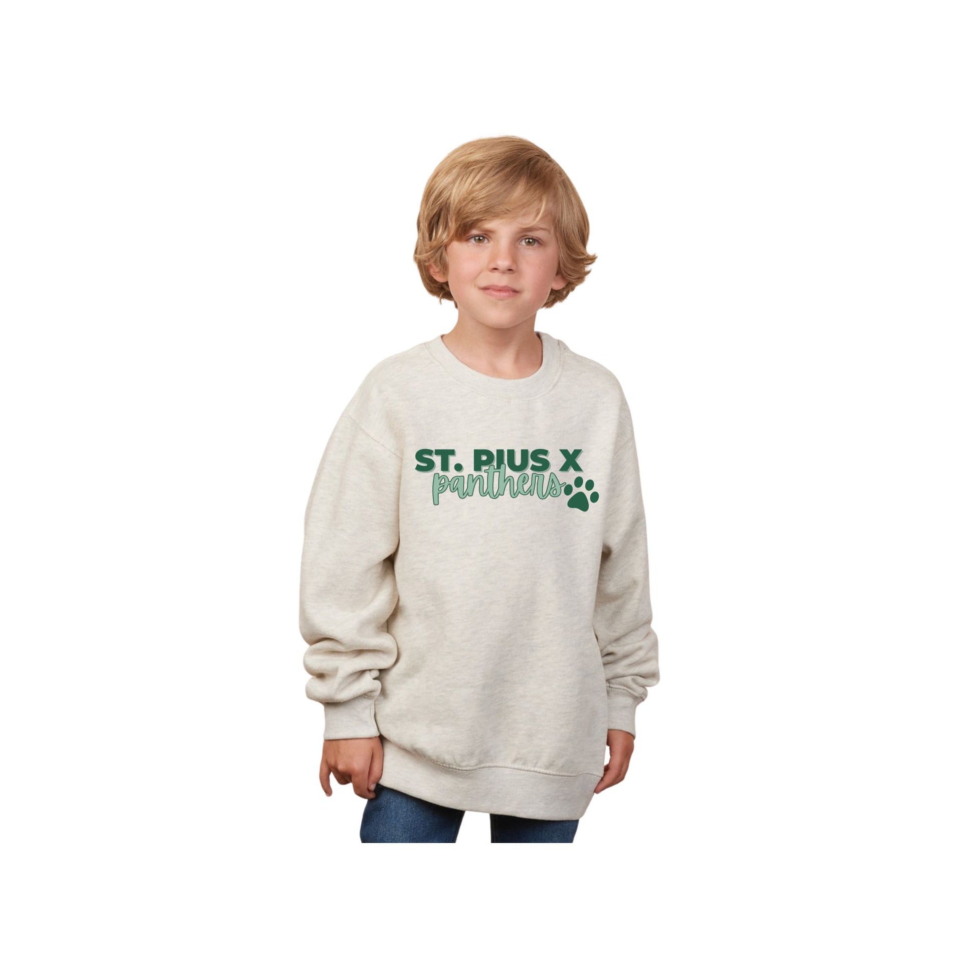 Child wearing a beige sweatshirt with 'St. Pius X Panthers' text on a white background