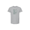 Gray t-shirt with a logo on a white background