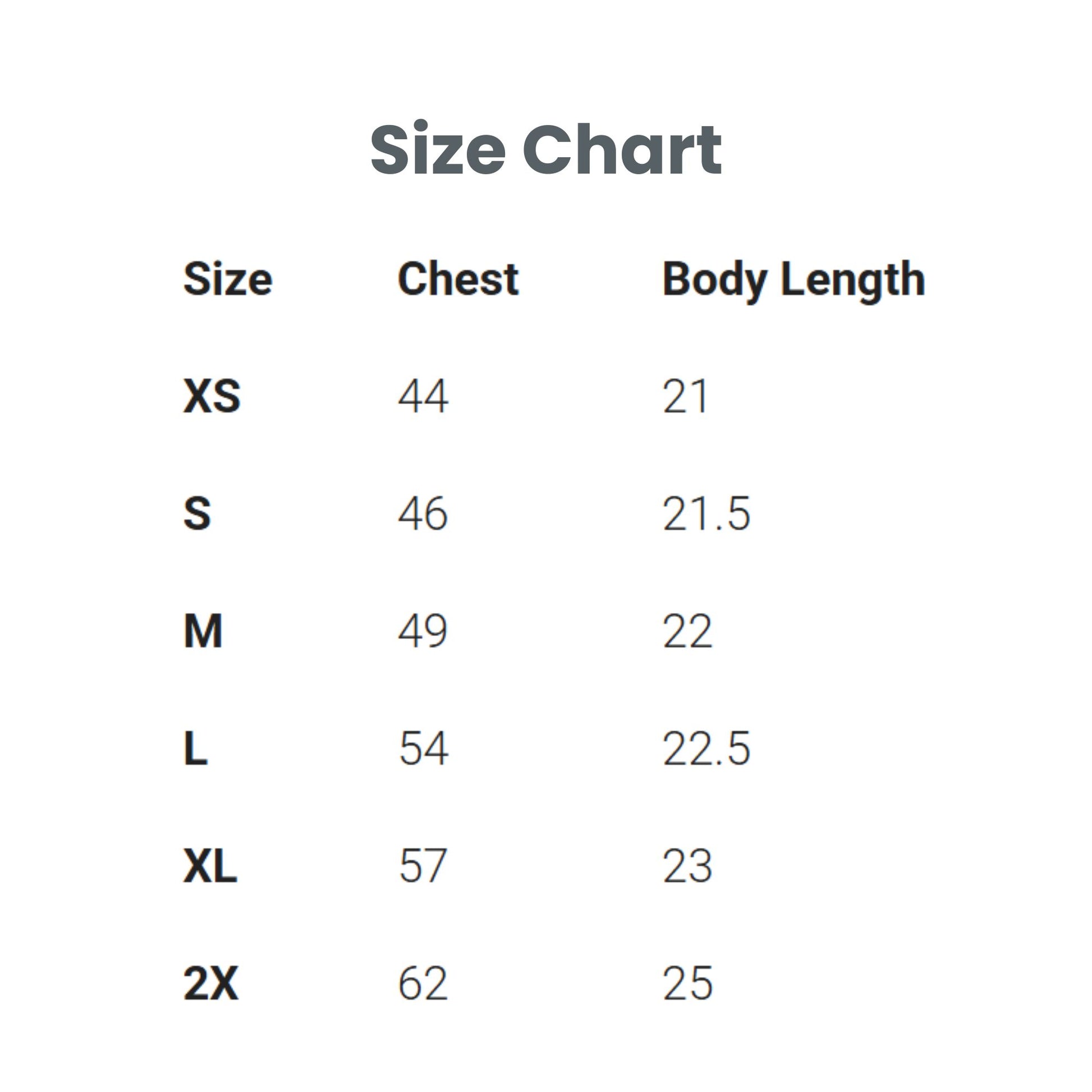 A size chart table showing chest and body length measurements by size, with columns labeled Size, Chest, and Body Length. The sizes listed are XS, S, M, L, XL, and 2X, with measurements in centimeters and inches.