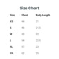 A size chart table showing chest and body length measurements by size, with columns labeled Size, Chest, and Body Length. The sizes listed are XS, S, M, L, XL, and 2X, with measurements in centimeters and inches.