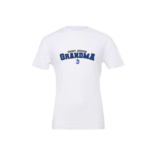 white bella and canvas short sleeve t-shirt with custom athletic block saint joseph grandma printed design on the center chest in black and blue ink 