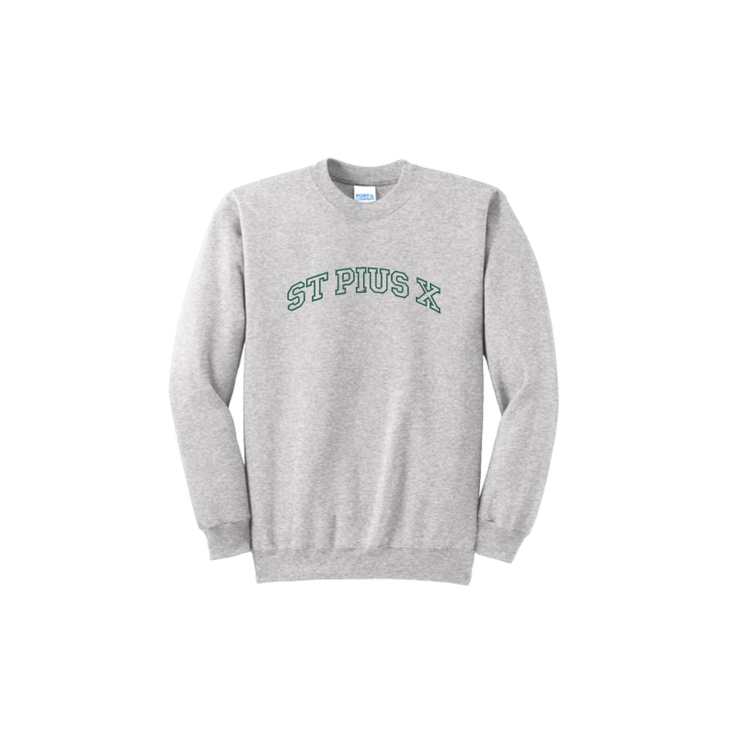 Ash sweatshirt with embroidered 'ST PIUS X' varsity font design on the center chest in hunter green thread