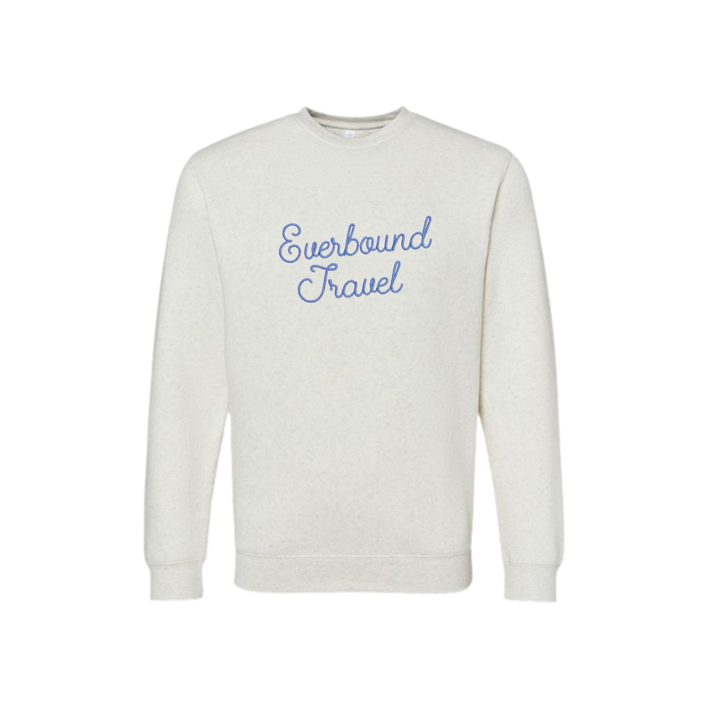 White sweatshirt with 'Everbound Travel' text on a white background