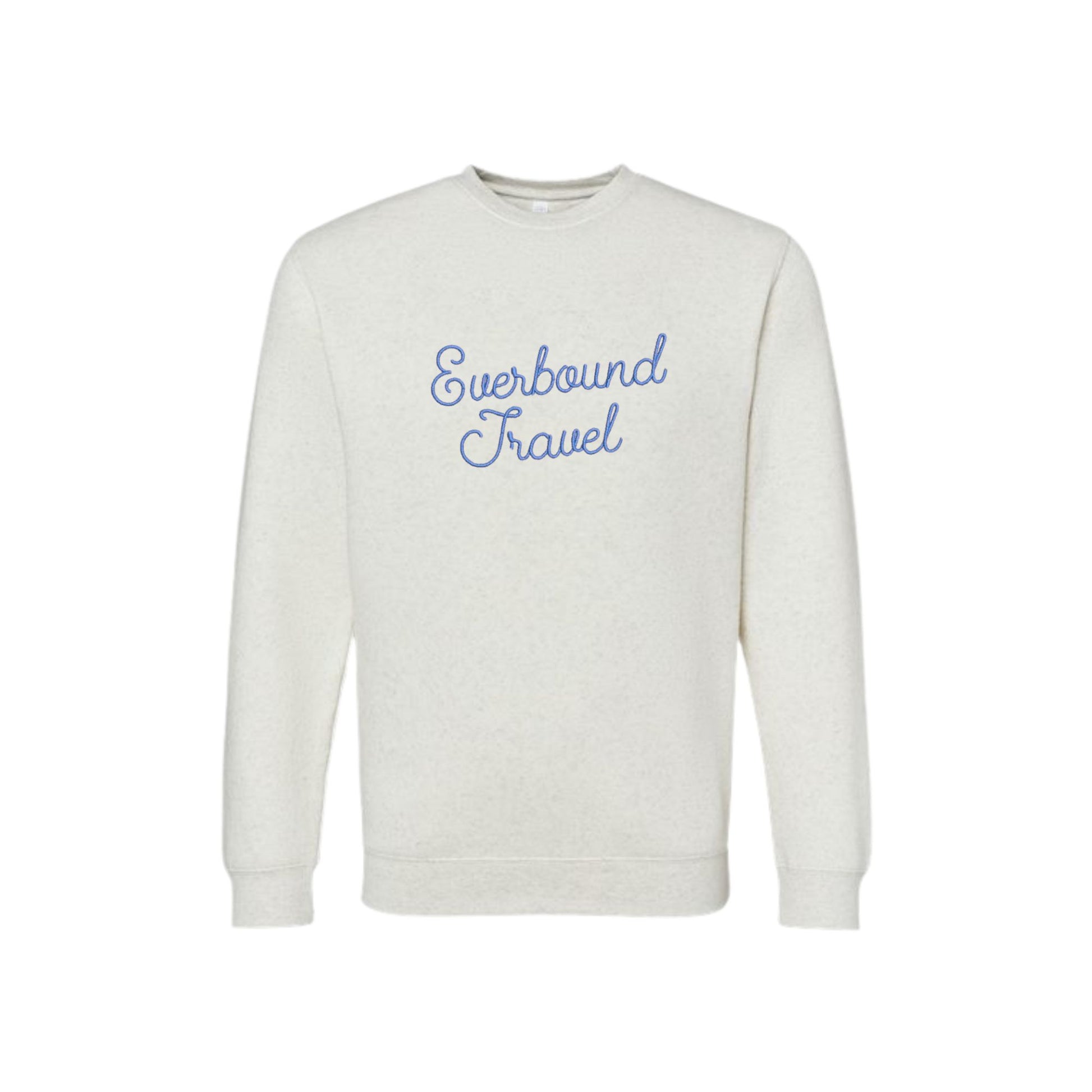 White sweatshirt with 'Everbound Travel' text on a white background