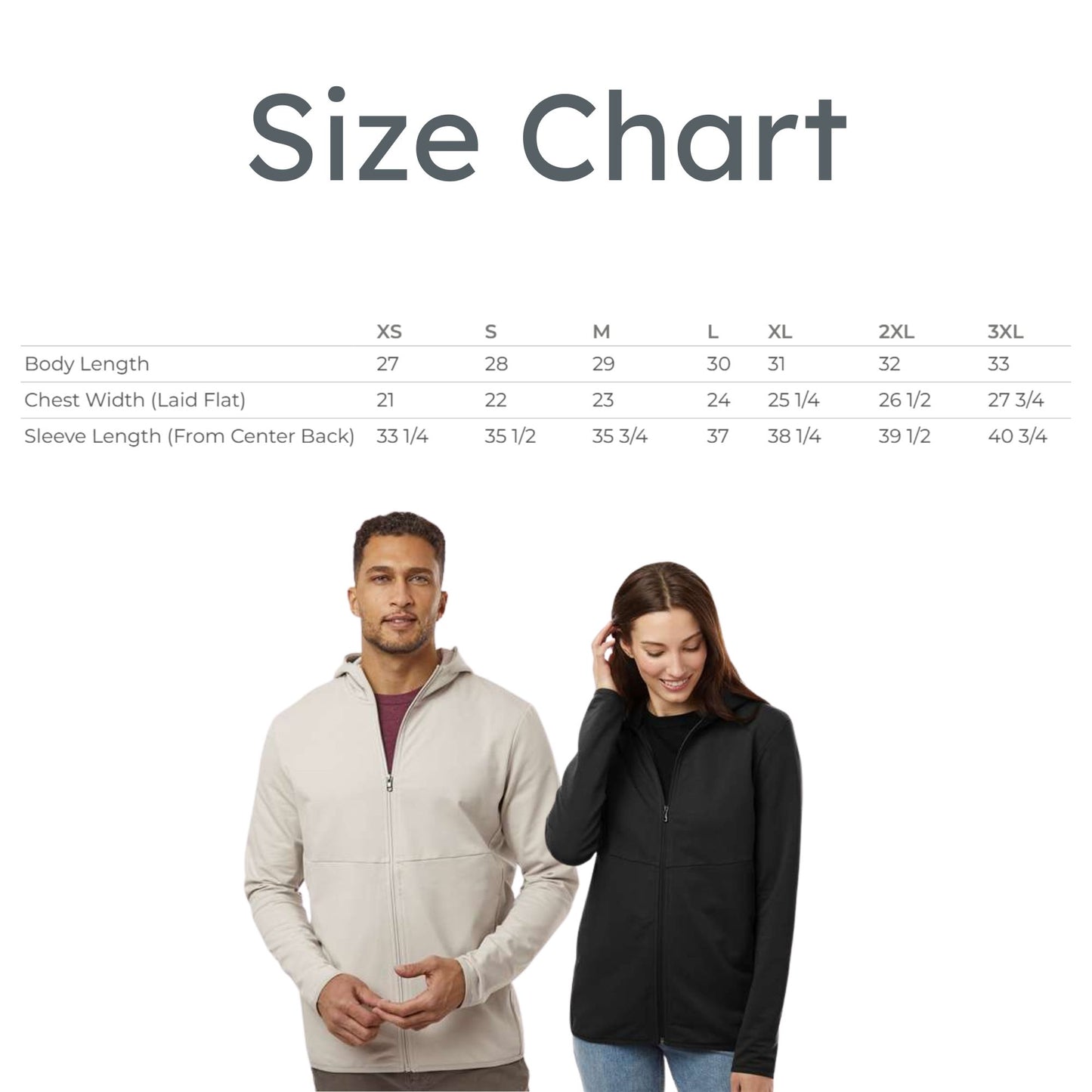 Size chart with two people wearing jackets and a measurement table on a white background