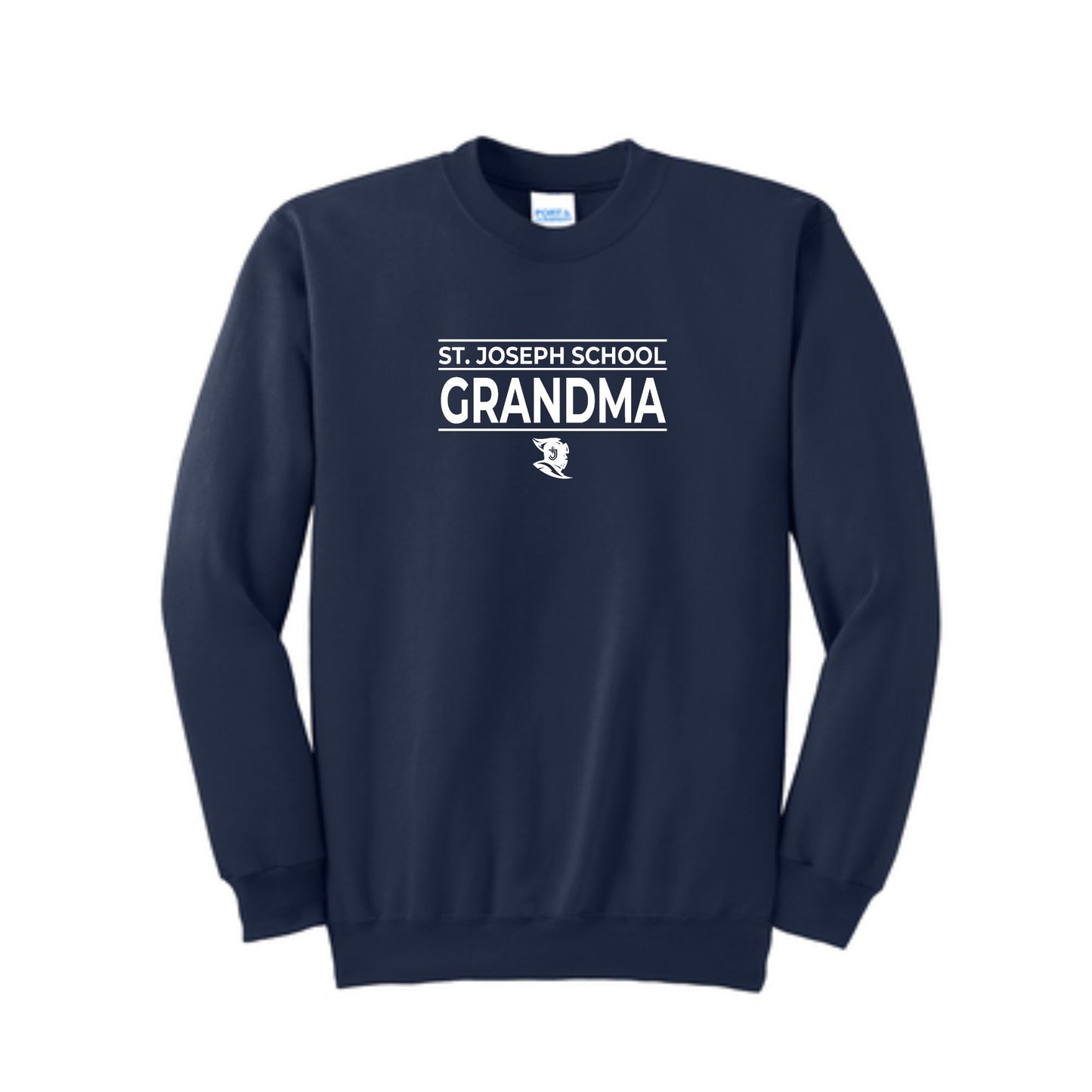 navy crewneck sweatshirt with a white st. joseph school grandma printed design