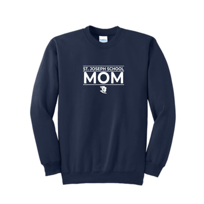 Navy crewneck sweatshirt with a white st. joseph school mom printed design