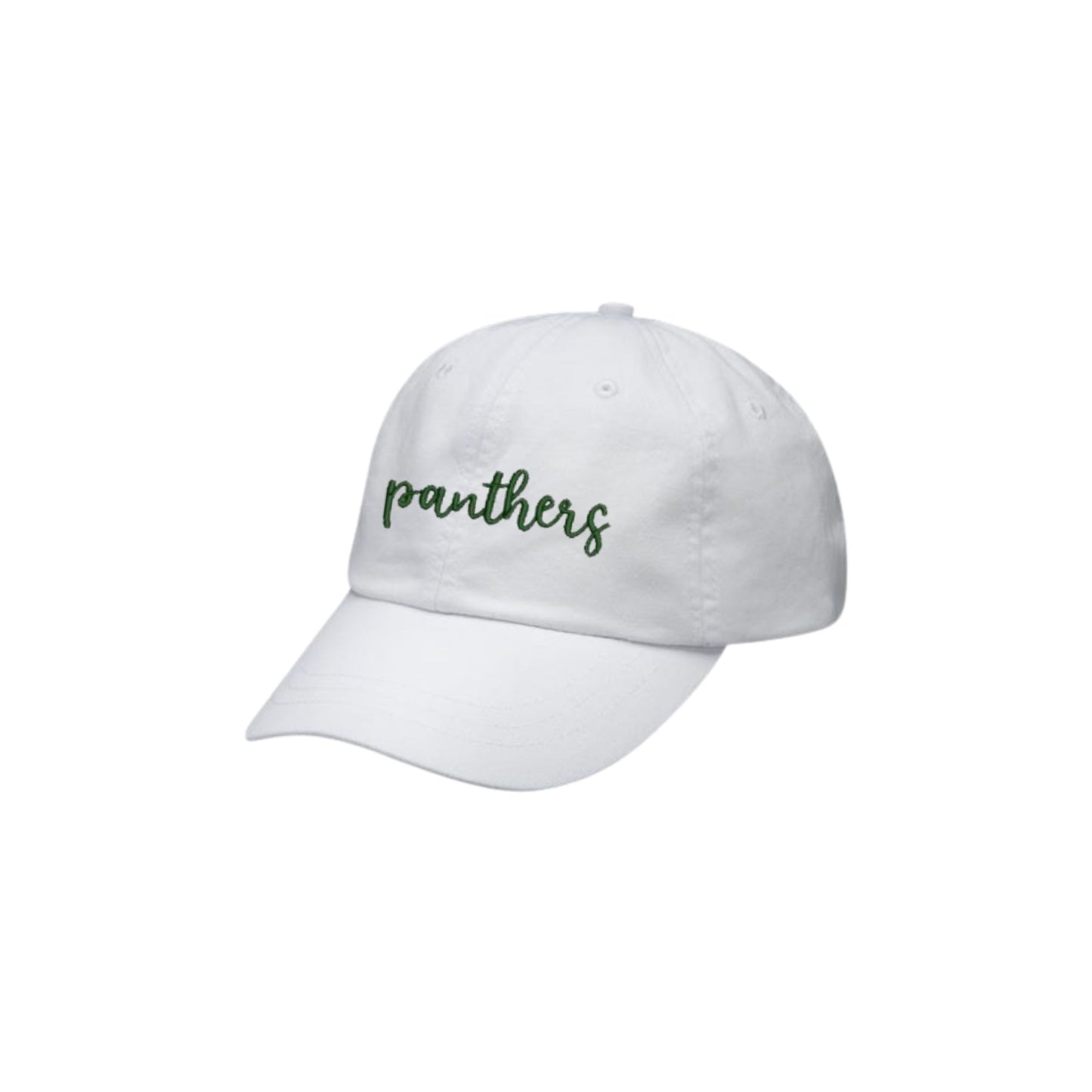 White cap with 'panthers' text on a white background