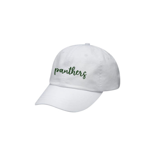 White cap with 'panthers' text on a white background