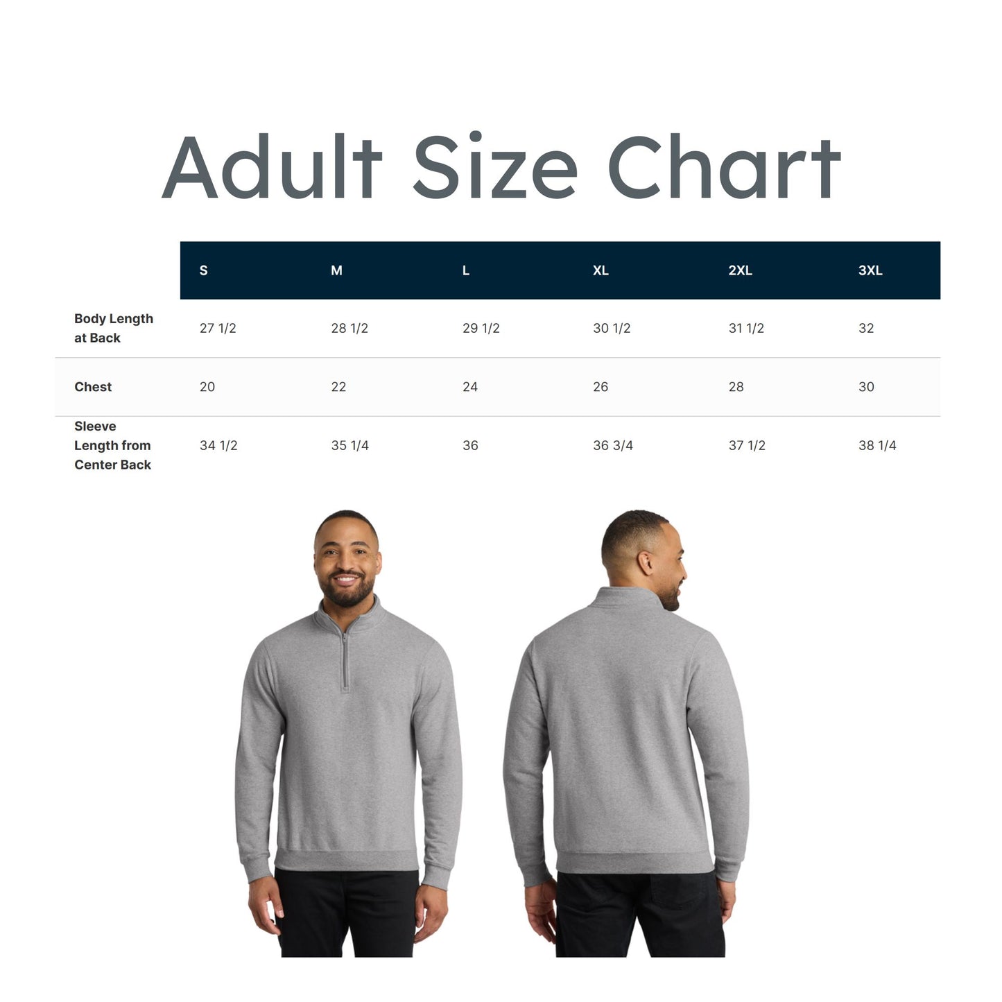 Size chart for a gray pullover with a man wearing it, on a white background.