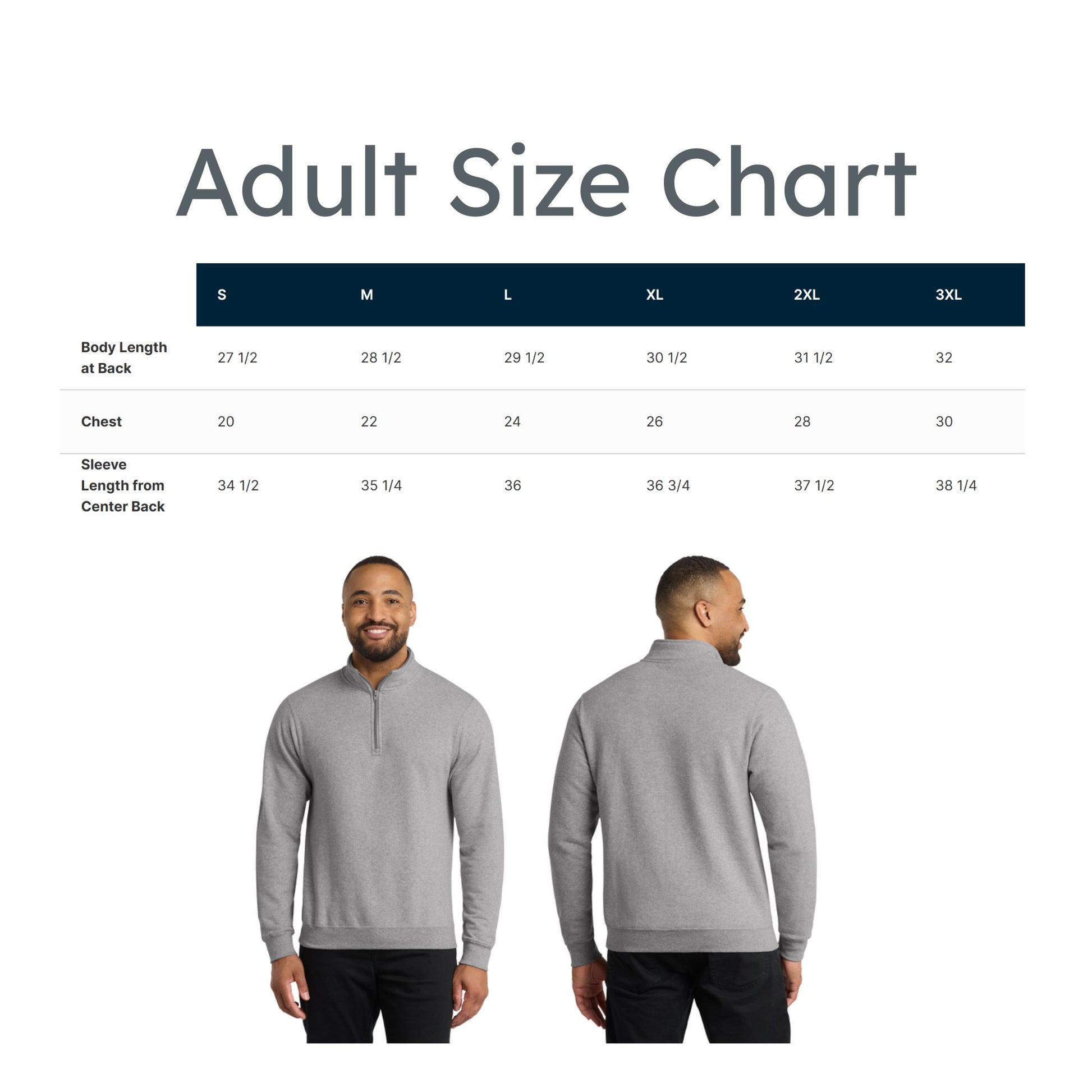 Size chart for a gray pullover with a man wearing it, on a white background.
