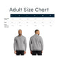 Size chart for a gray pullover with a man wearing it, on a white background.