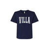 Navy blue t-shirt with 'VILLA' printed on it against a white background