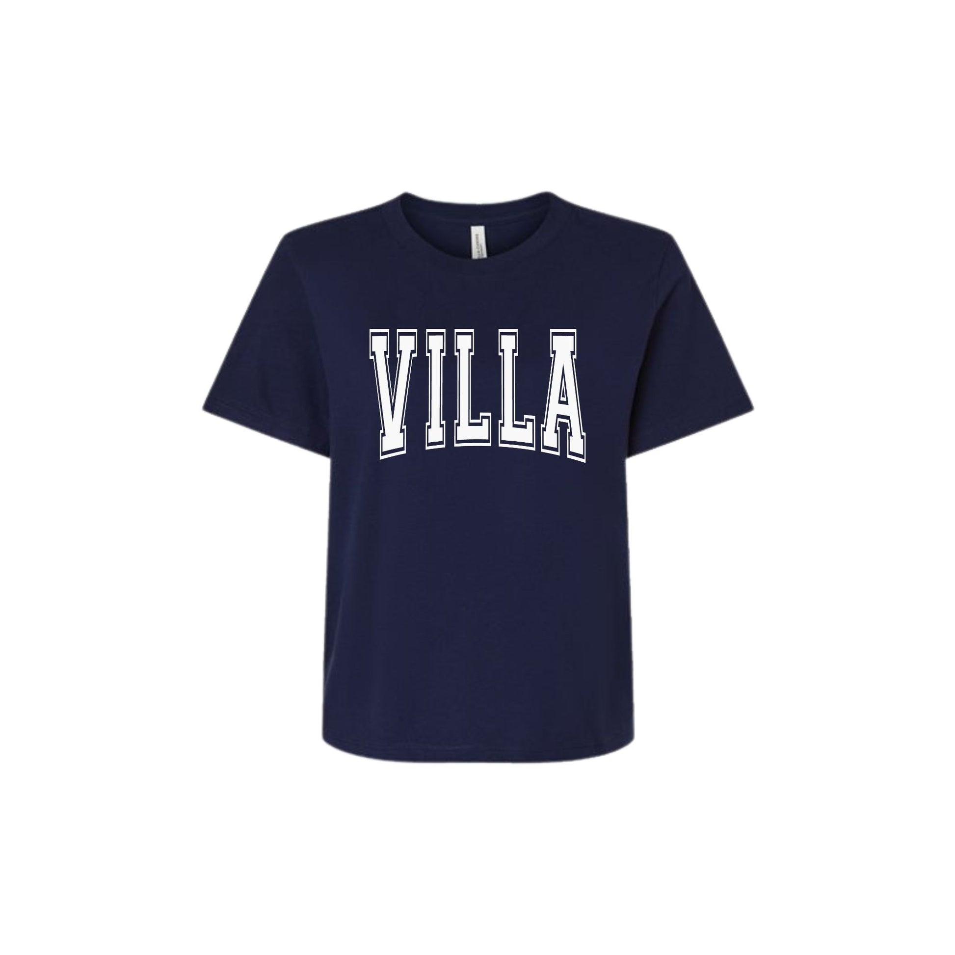 Navy blue t-shirt with 'VILLA' printed on it against a white background