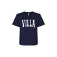 Navy blue t-shirt with 'VILLA' printed on it against a white background