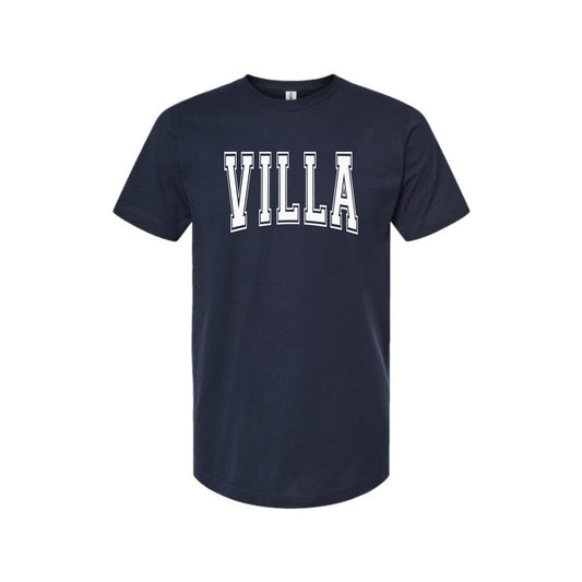 Navy blue t-shirt with 'VILLA' printed in white on a white background