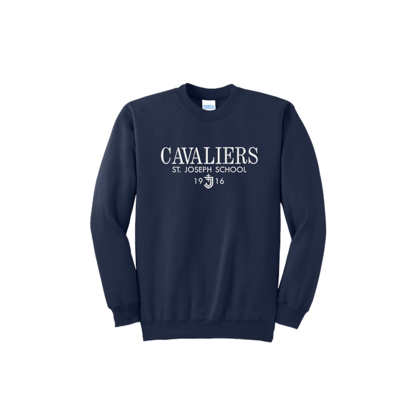 Navy blue sweatshirt with 'Cavaliers St. Joseph School' text on a white background