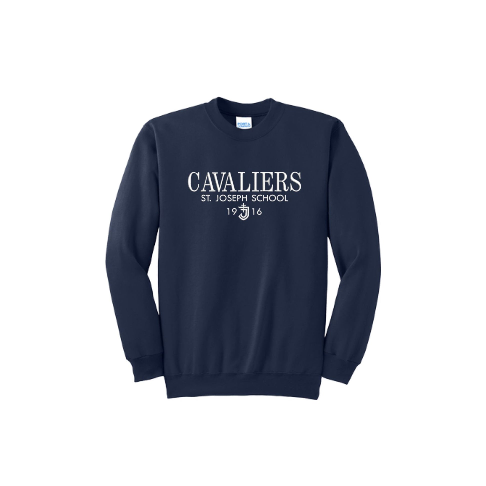 Navy blue sweatshirt with 'Cavaliers St. Joseph School' text on a white background
