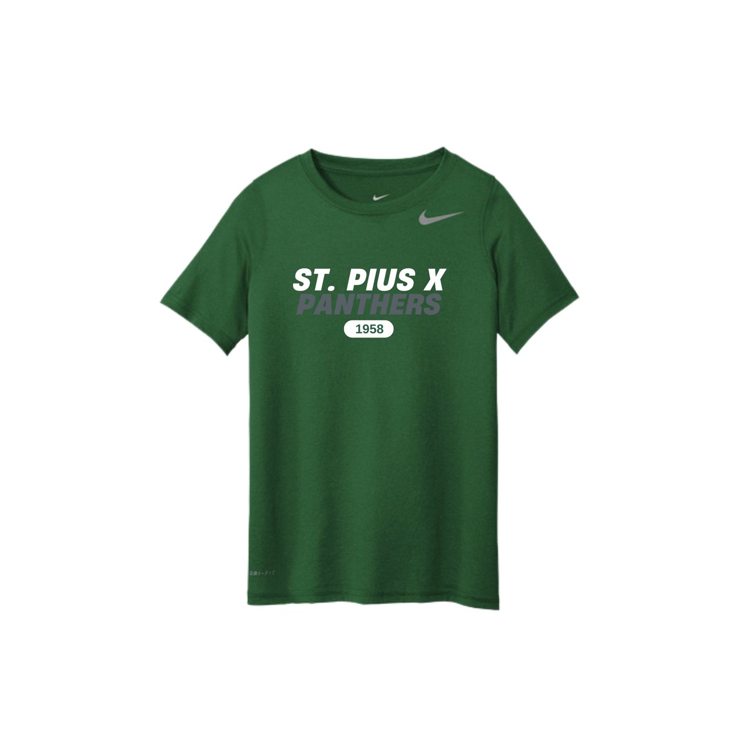 Green t-shirt with 'St. Pius X Panthers' text on a white background
