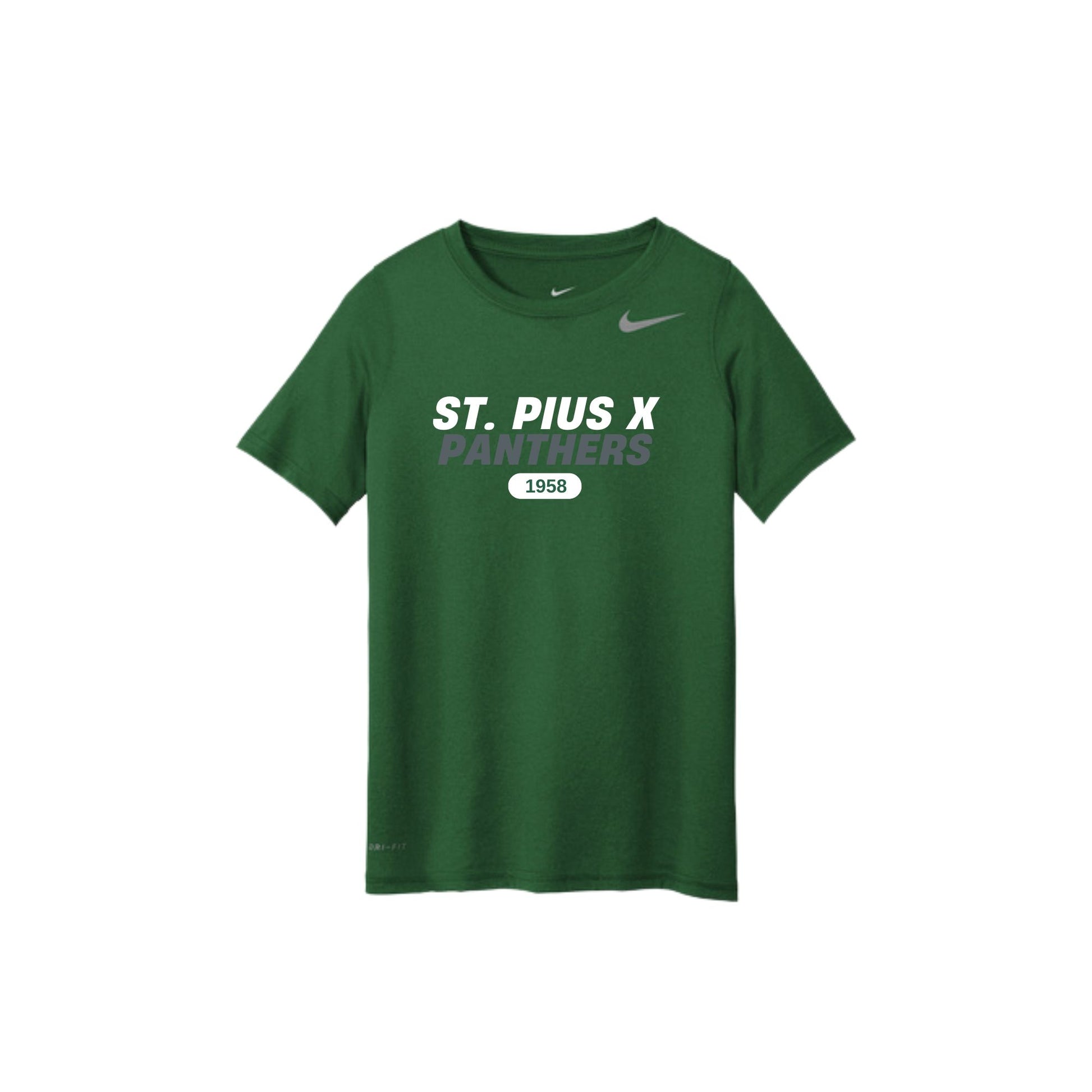 Green t-shirt with 'St. Pius X Panthers' text on a white background