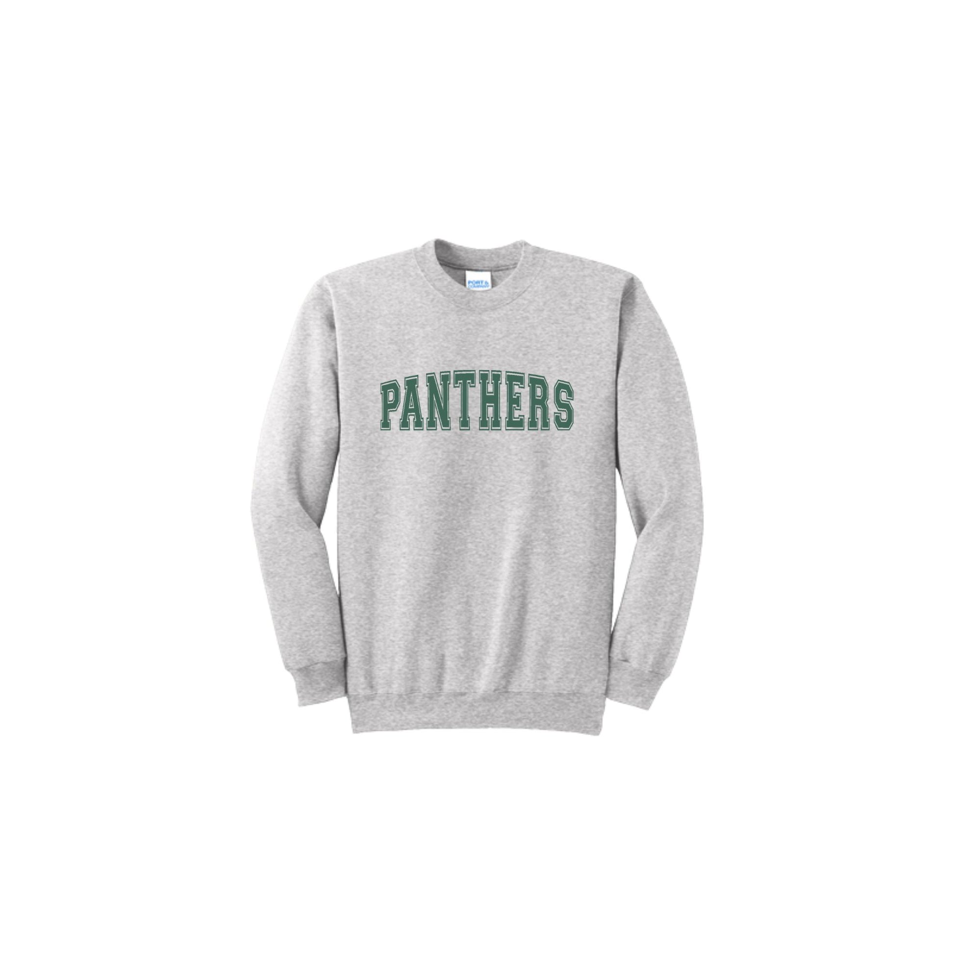 Gray sweatshirt with 'PANTHERS' text on a white background