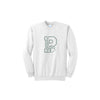 White sweatshirt with a green logo on a white background