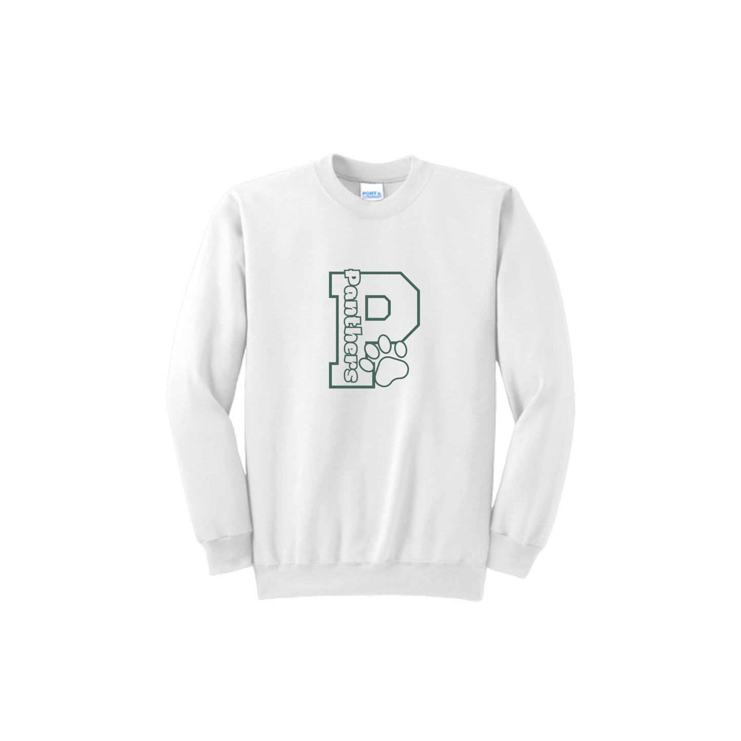 White sweatshirt with a green logo on a white background