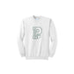 White sweatshirt with a green logo on a white background