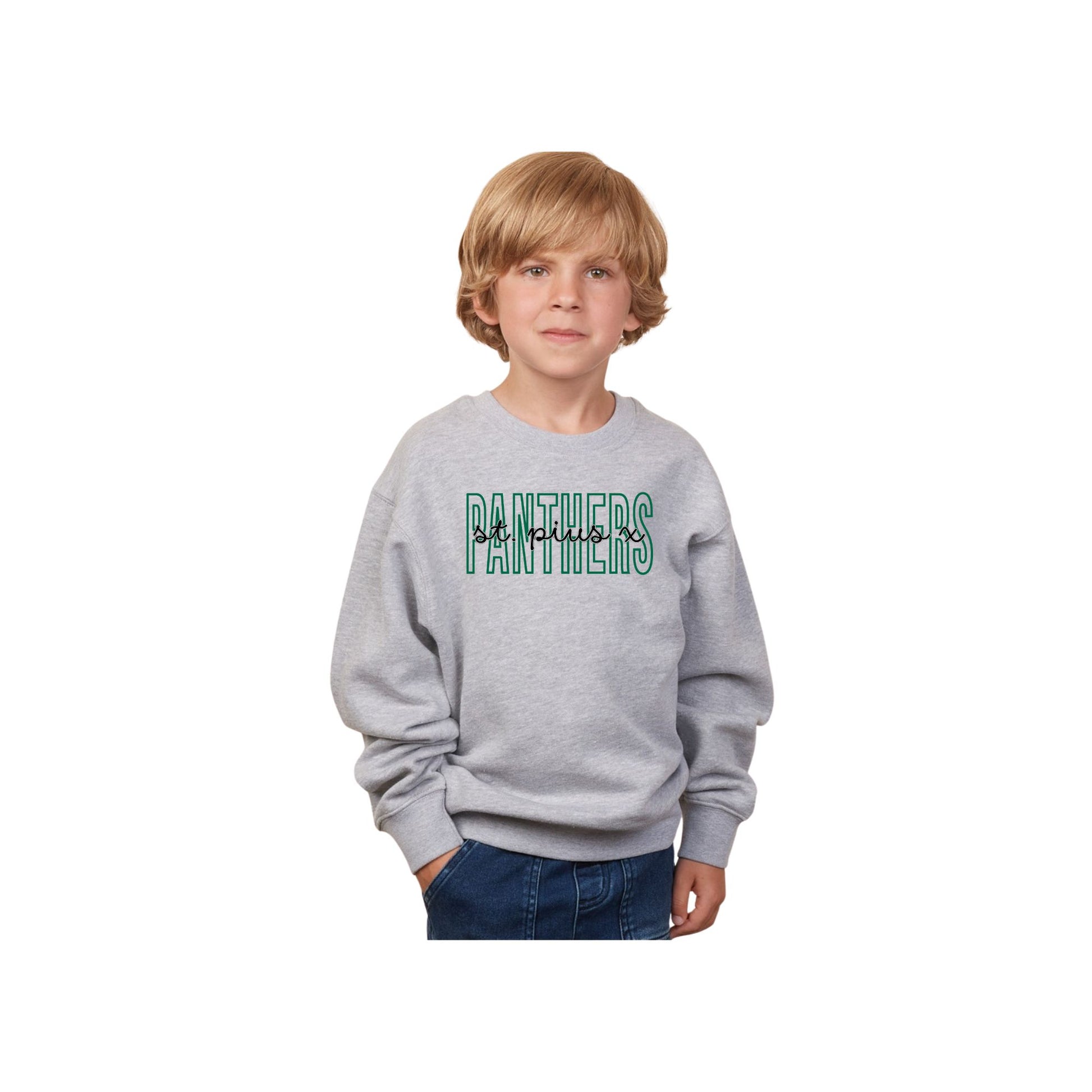Child wearing a gray sweatshirt with 'PANTHERS' printed on it against a white background