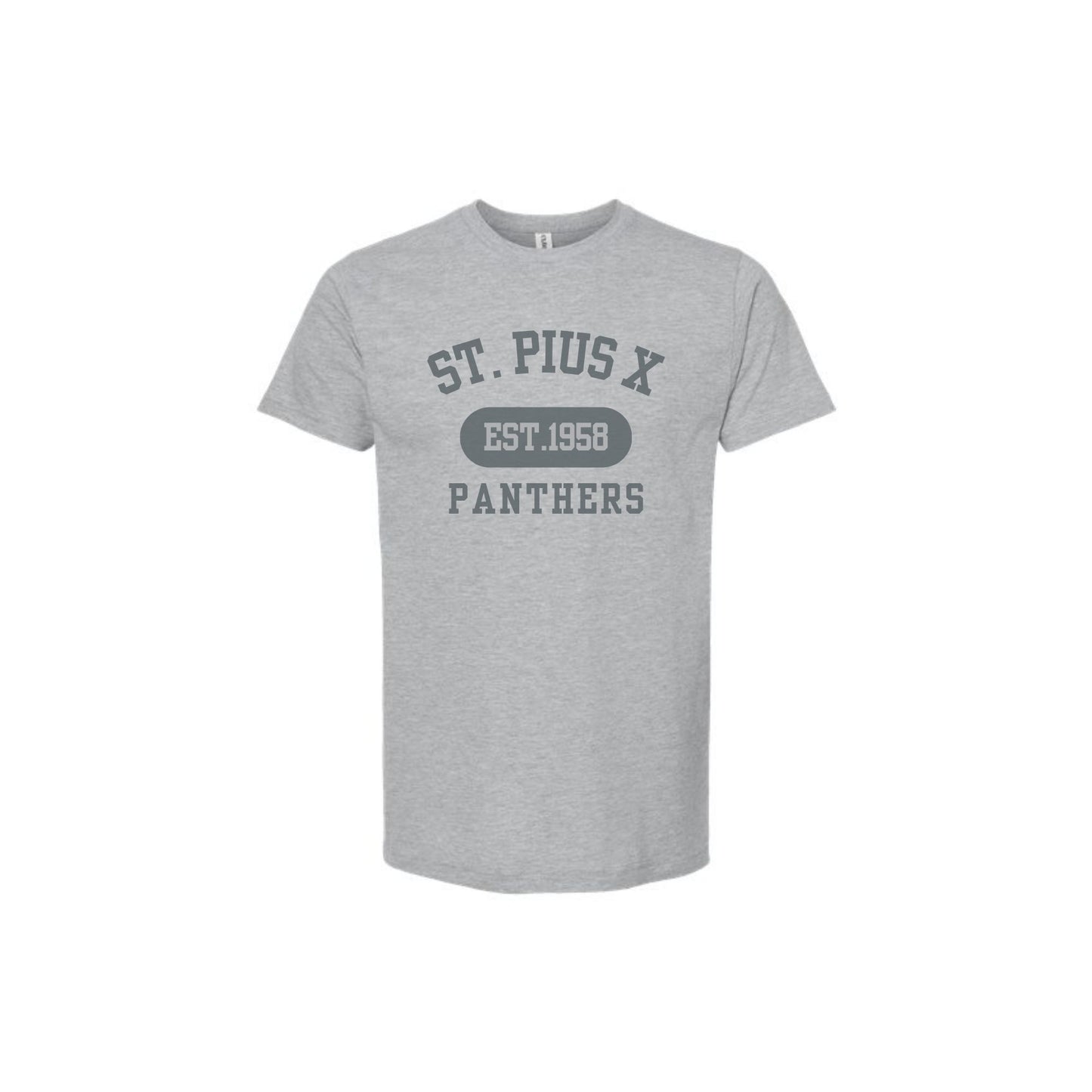 Gray t-shirt with 'St. Pius X Panthers' text on a white background