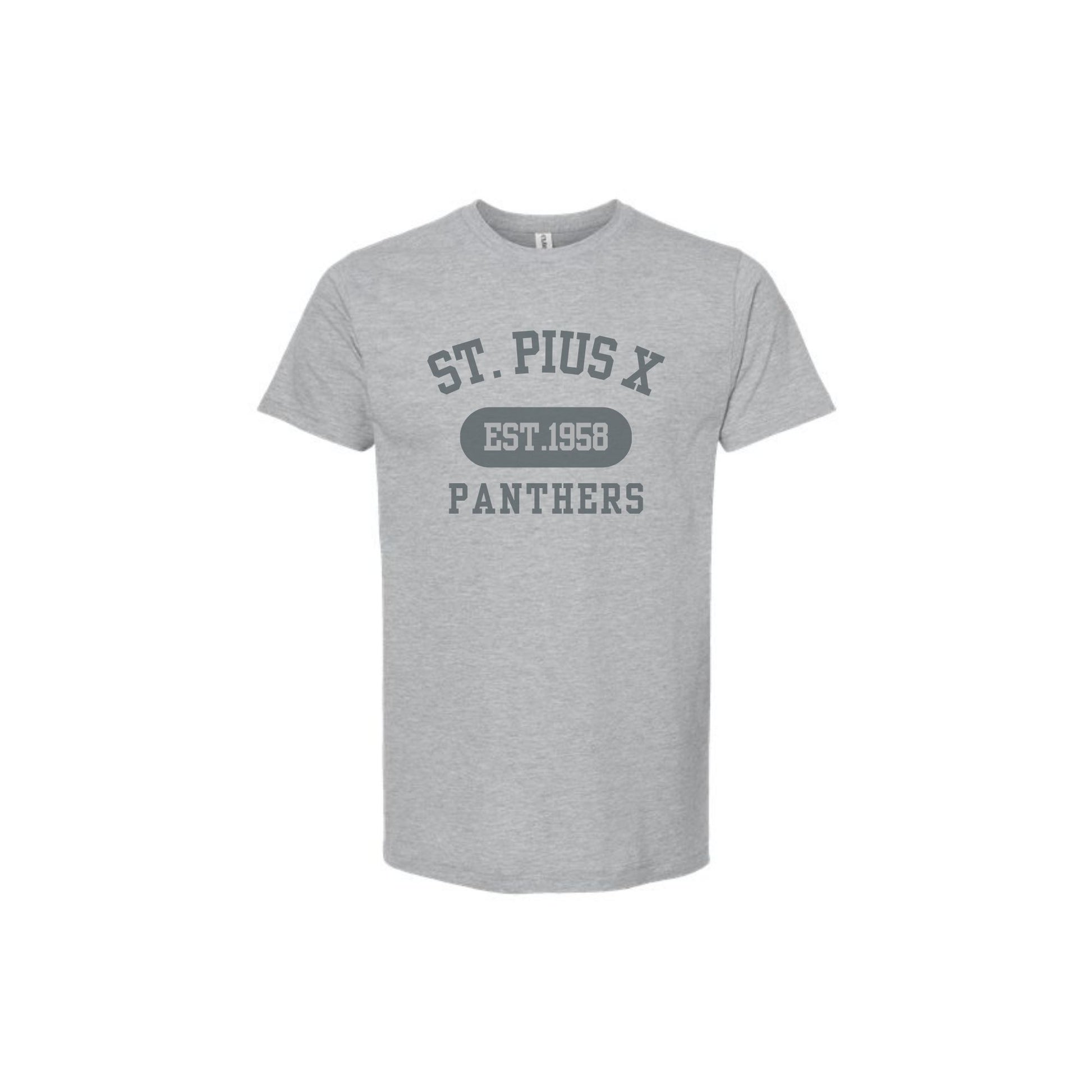 Gray t-shirt with 'St. Pius X Panthers' text on a white background