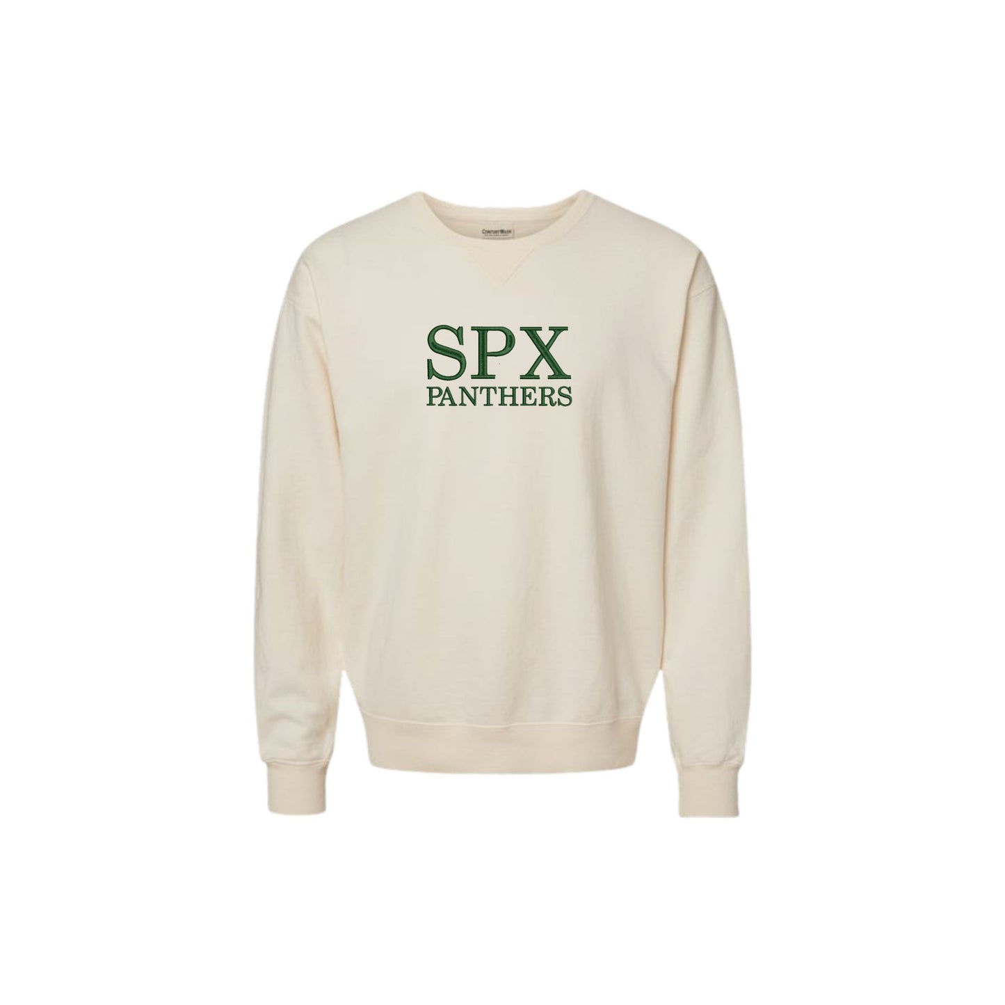 Parchment vintage dyed crewneck with custom spx panthers embroidered design on the center chest in hunter green thread