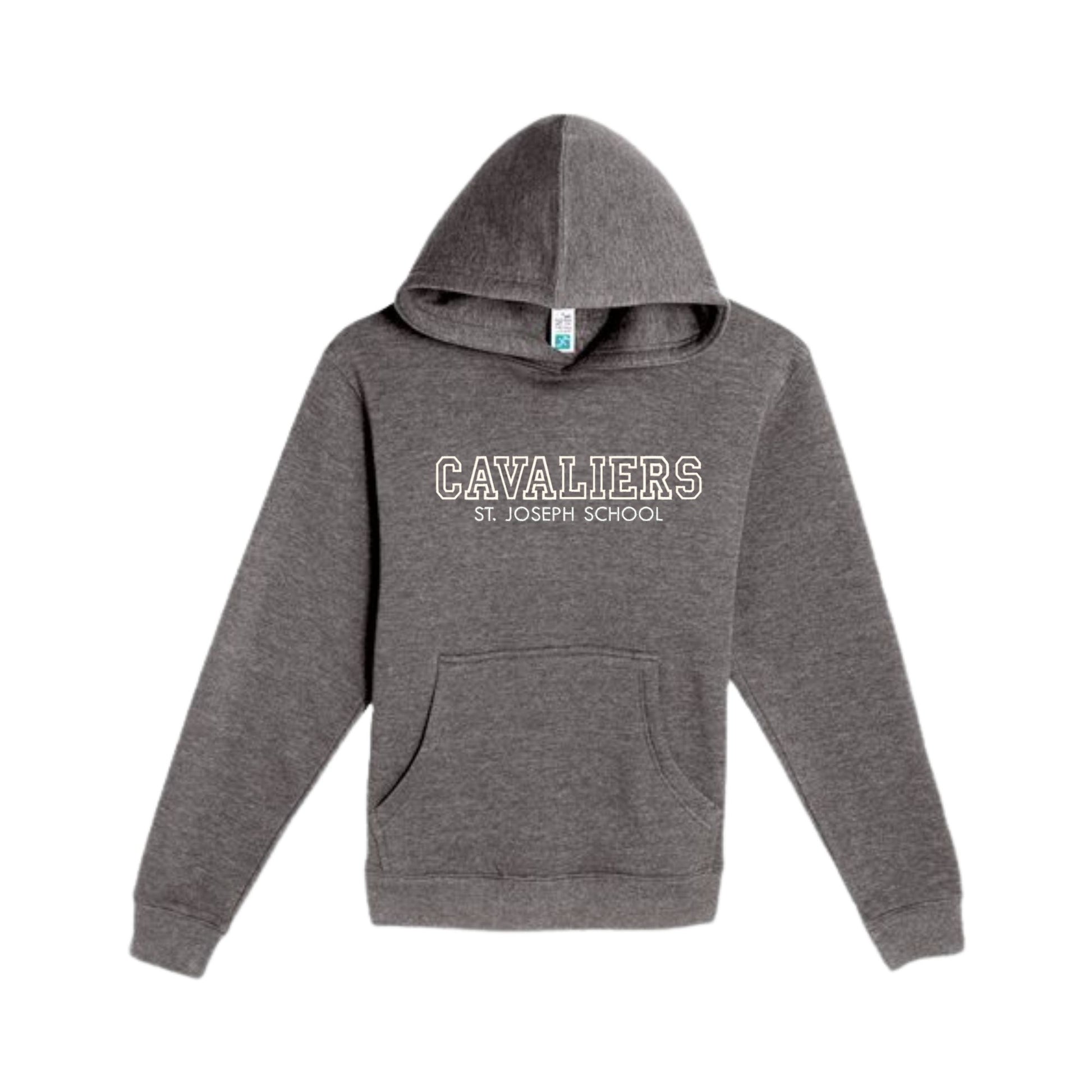 Gray hoodie with 'CAVALIERS St. Joseph School' text on a white background