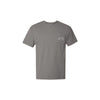 grey t-shirt with a small st. pius panthers logo embroidered in white thread on the chest pocket
