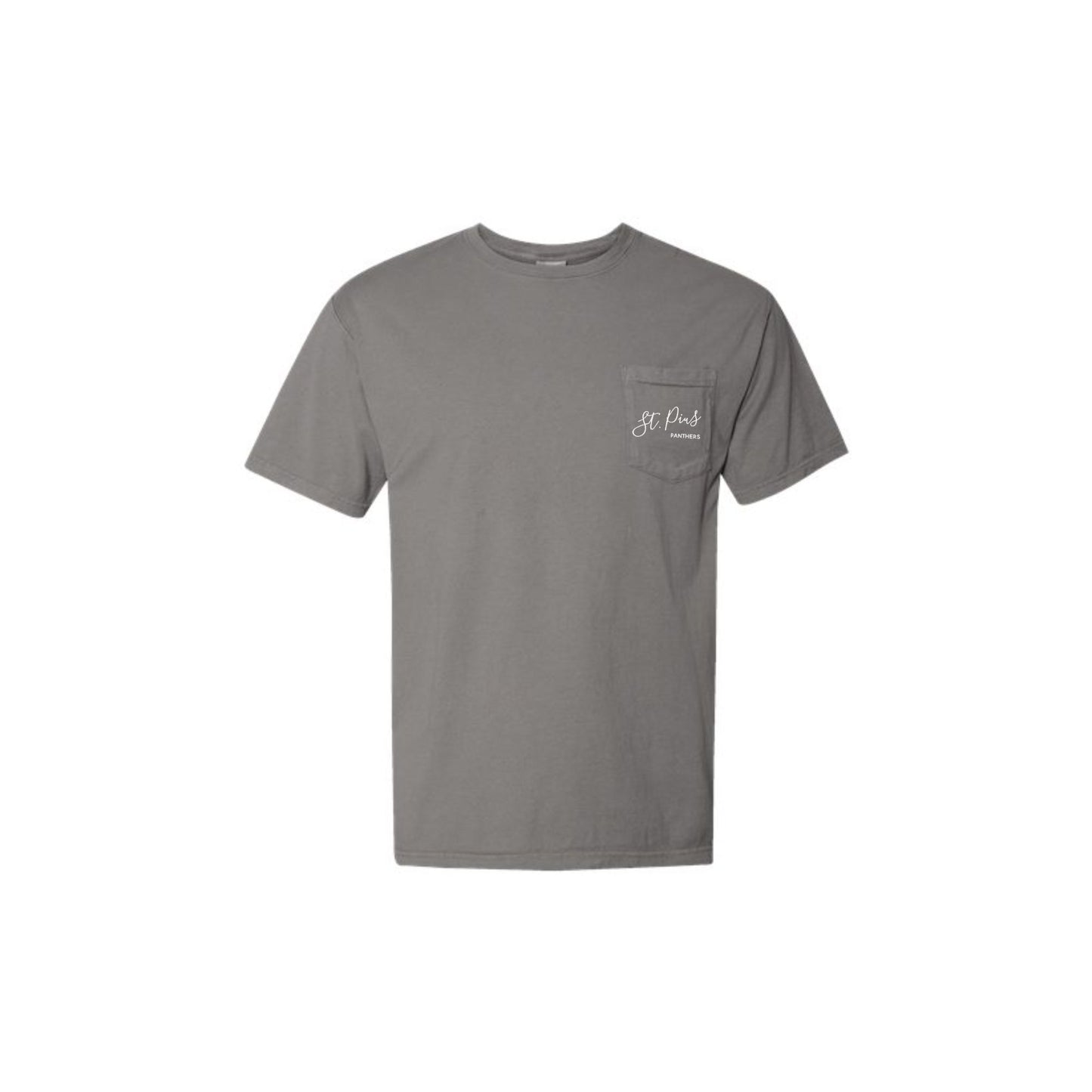 grey t-shirt with a small st. pius panthers logo embroidered in white thread on the chest pocket