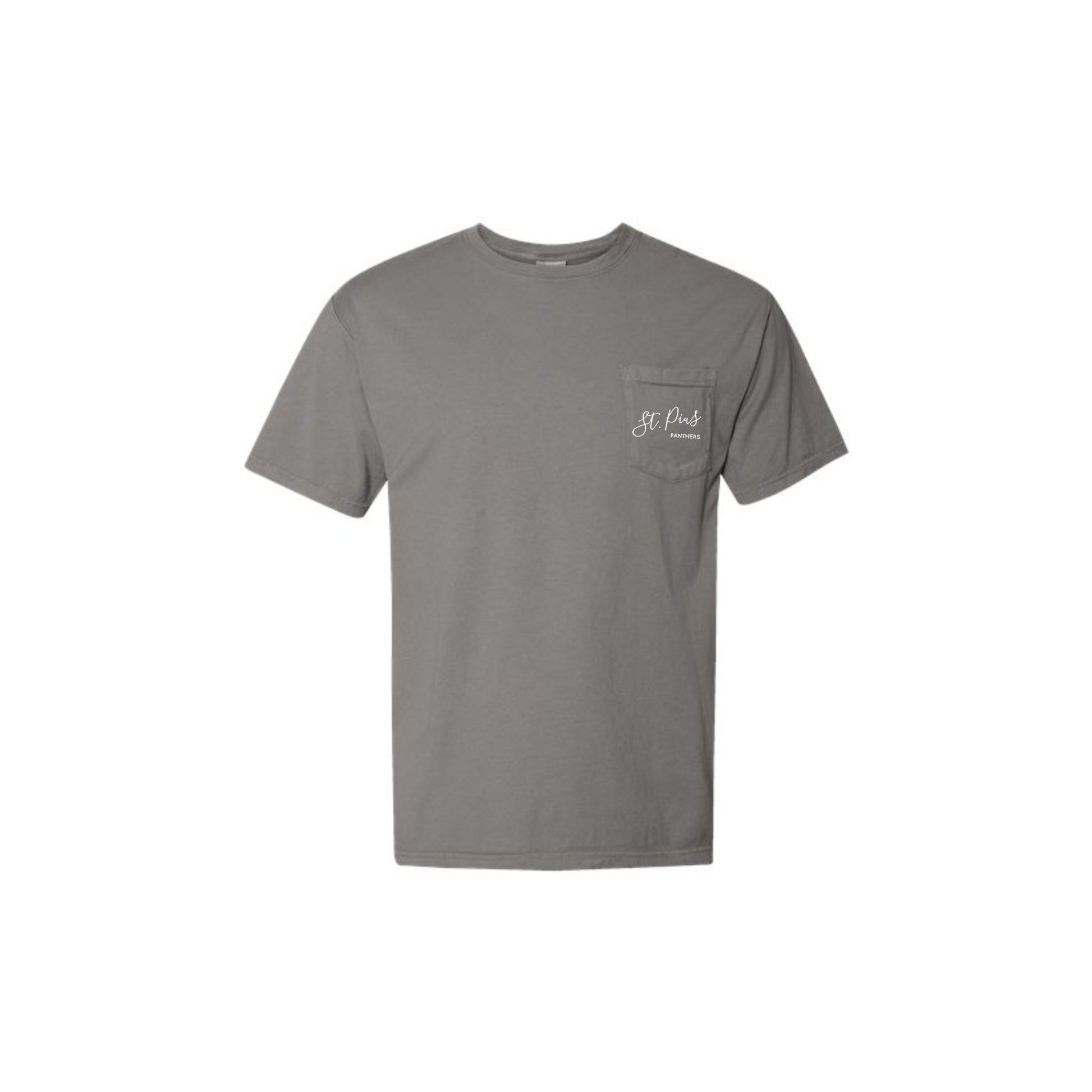 grey t-shirt with a small st. pius panthers logo embroidered in white thread on the chest pocket