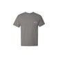 grey t-shirt with a small st. pius panthers logo embroidered in white thread on the chest pocket
