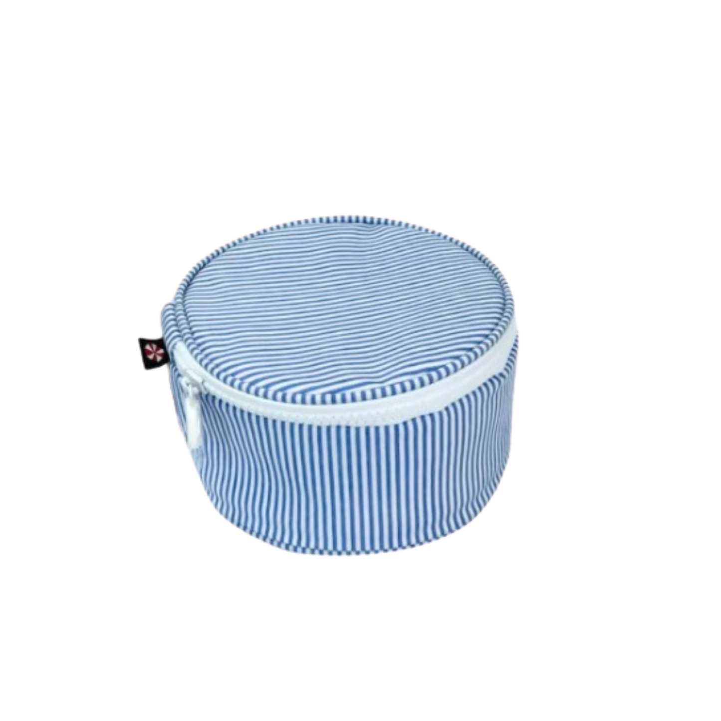 Blue striped round pouch with a zipper on a white background