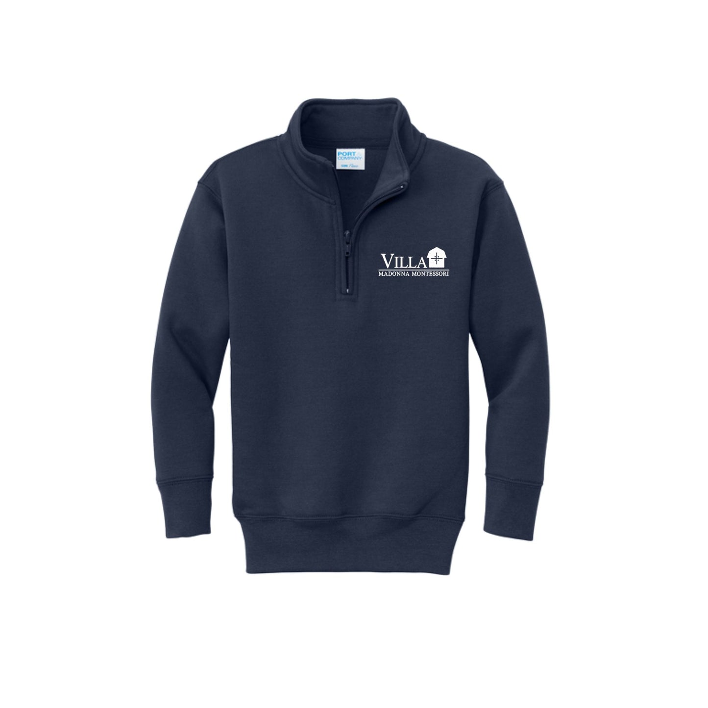 A navy blue quarter-zip sweatshirt with a white and black 'Villa Madonna Montessori' logo printed on the left chest, displayed on a clean white background.