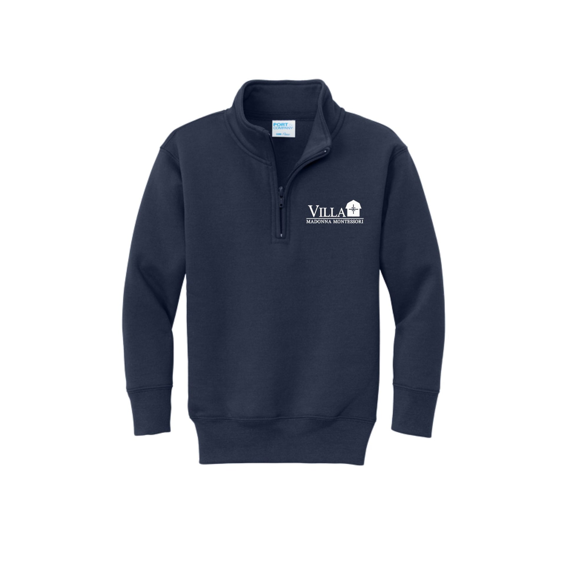 A navy blue quarter-zip sweatshirt with a white and black 'Villa Madonna Montessori' logo printed on the left chest, displayed on a clean white background.