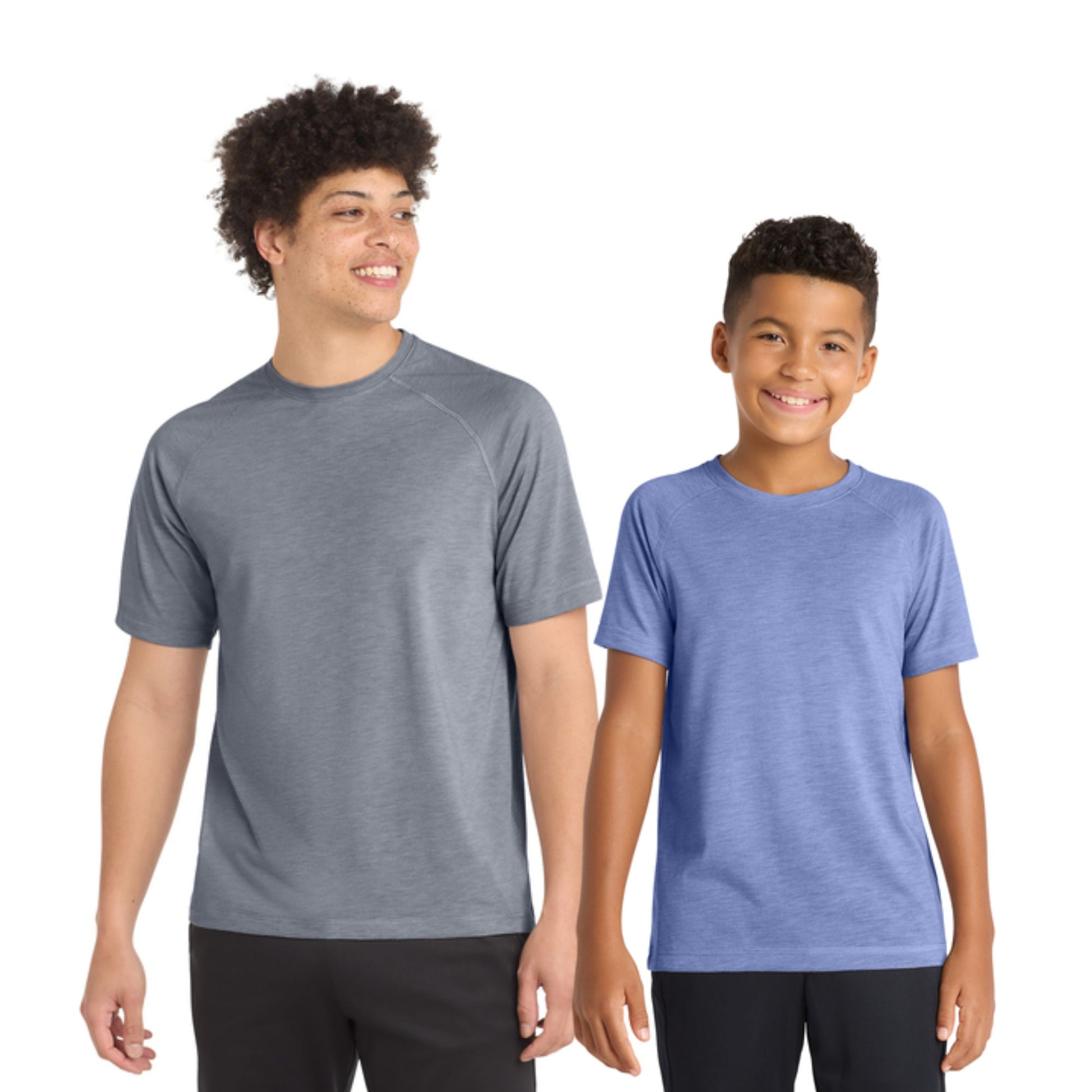 Two people wearing gray and blue shirts on a white background