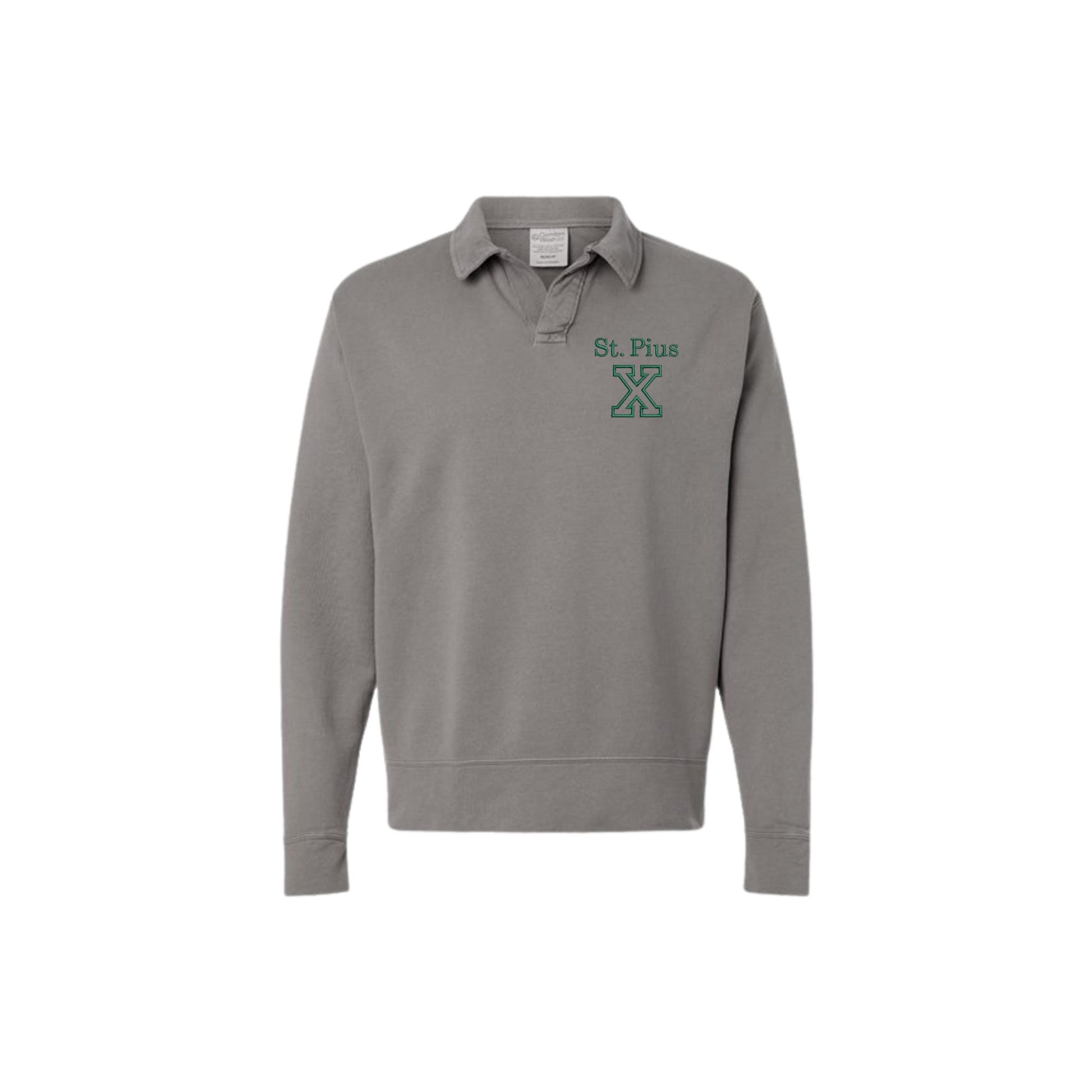 Concrete grey long-sleeve polo shirt with embroidered 'St. Pius X' logo on the left chest in hunter green thread