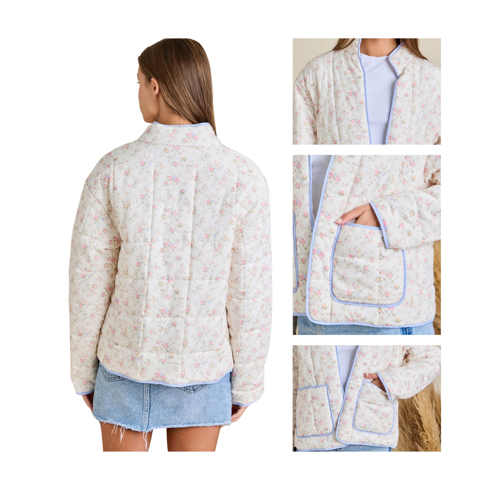 Floral patterned jacket with close-up details on a white background