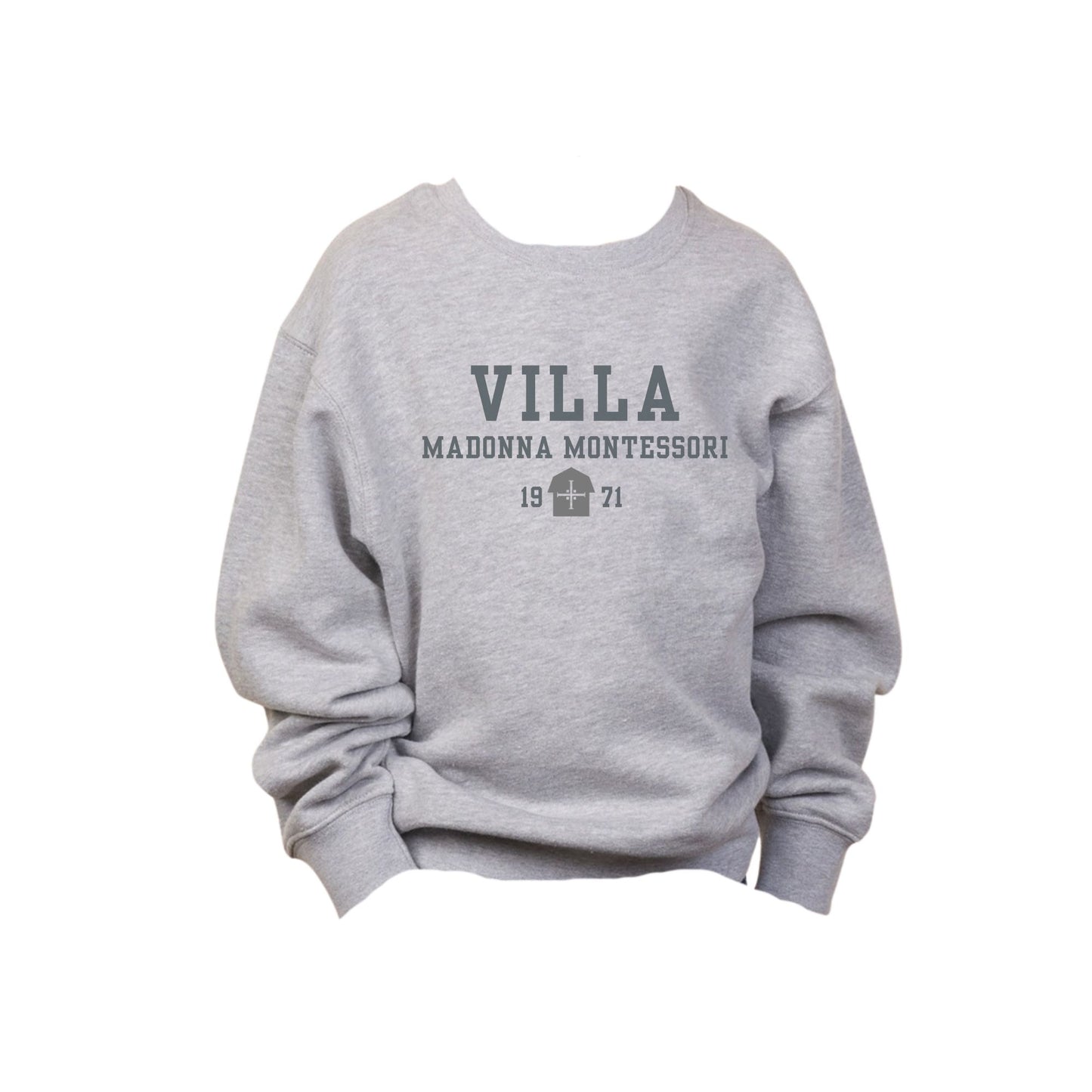 Gray sweatshirt with 'Villa Madonna Montessori' text on a white background