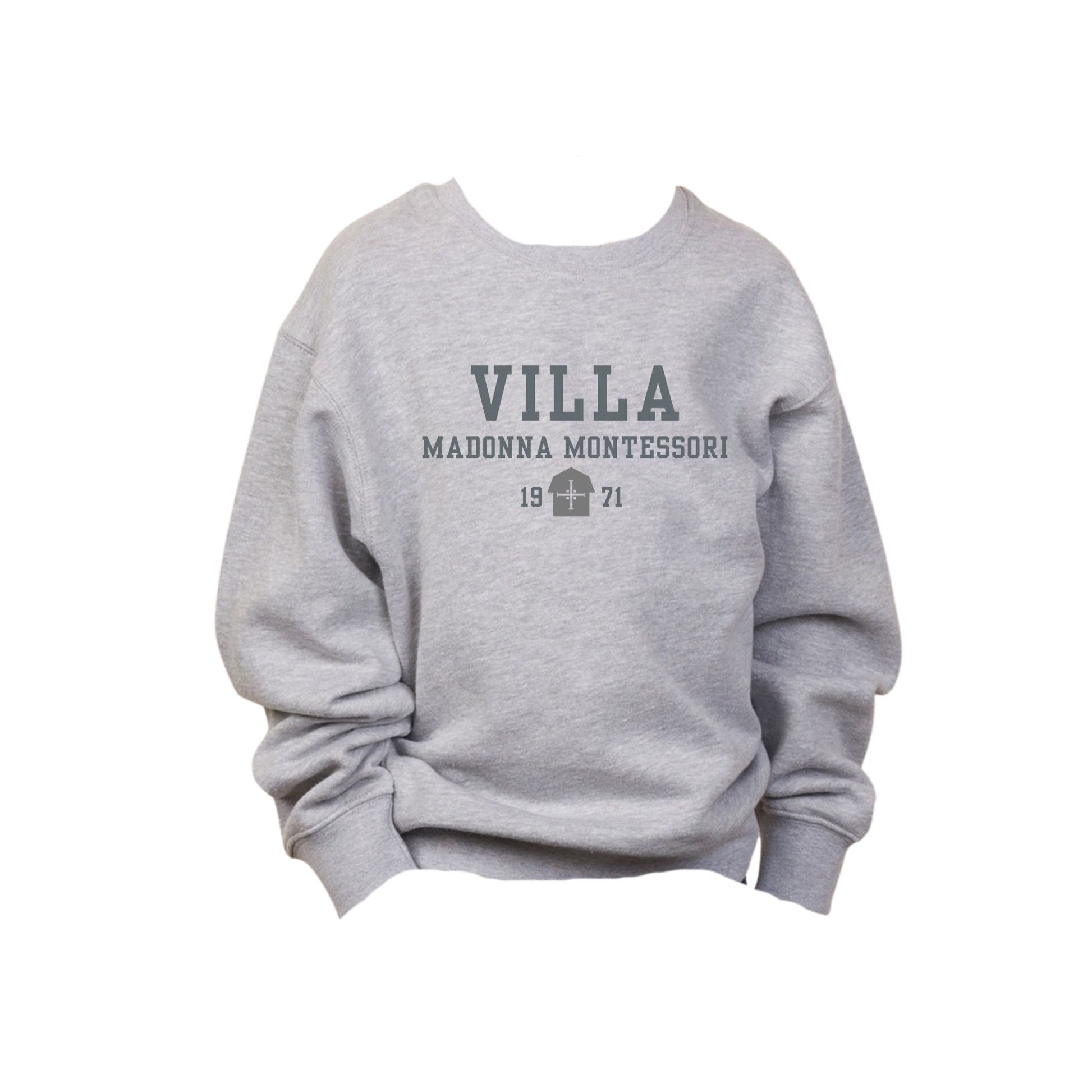 Gray sweatshirt with 'Villa Madonna Montessori' text on a white background