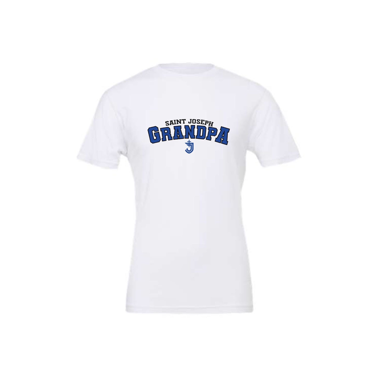 white bella and canvas short sleeve t-shirt with custom athletic block saint joseph grandpa printed design on the center chest in black and blue ink 