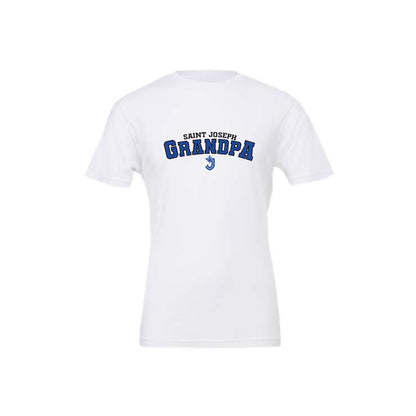 white bella and canvas short sleeve t-shirt with custom athletic block saint joseph grandpa printed design on the center chest in black and blue ink 